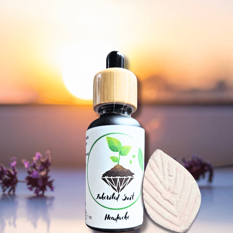 bottle of natural herbal headache relief oil from Inherited Soil