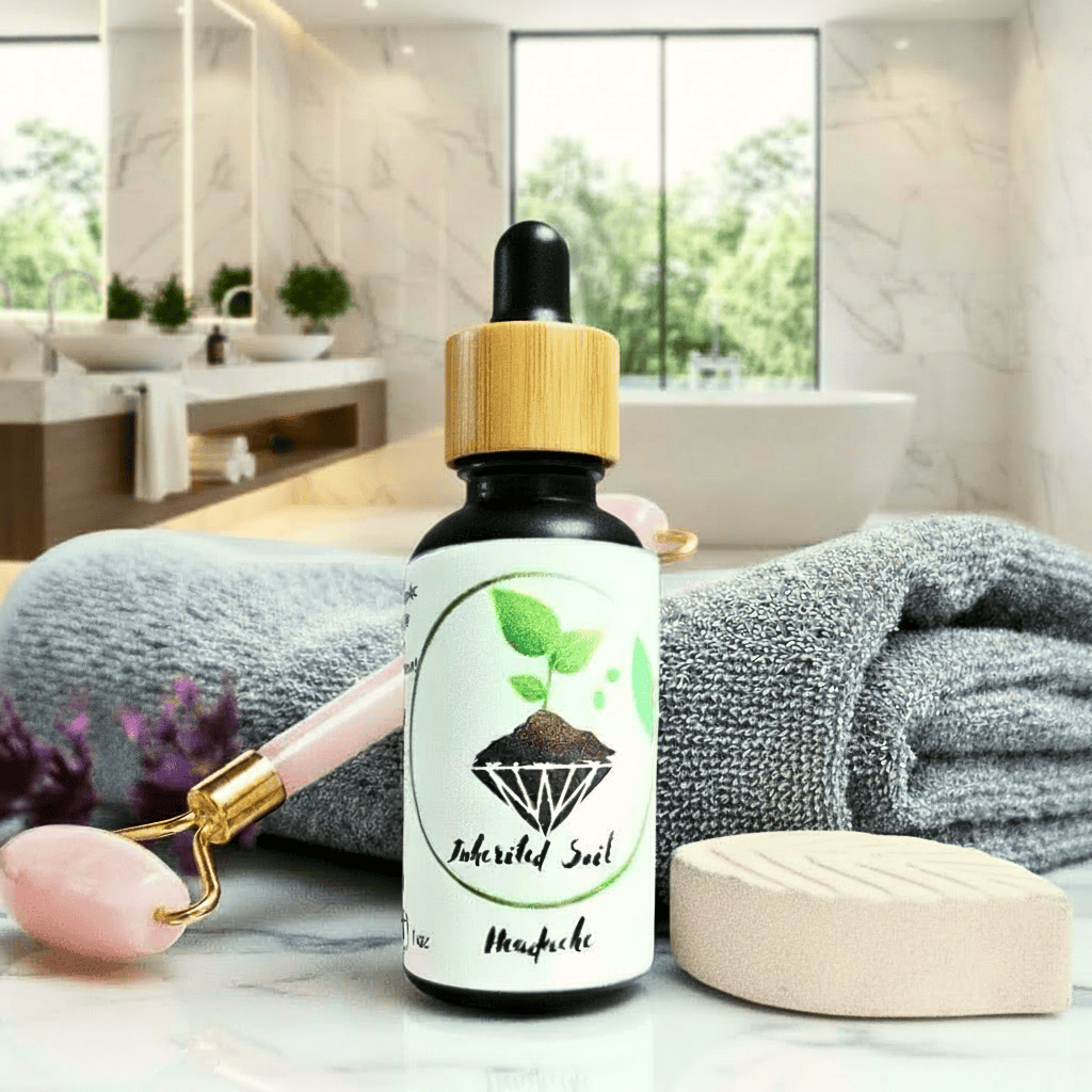 bottle of natural herbal headache relief oil from Inherited Soil 